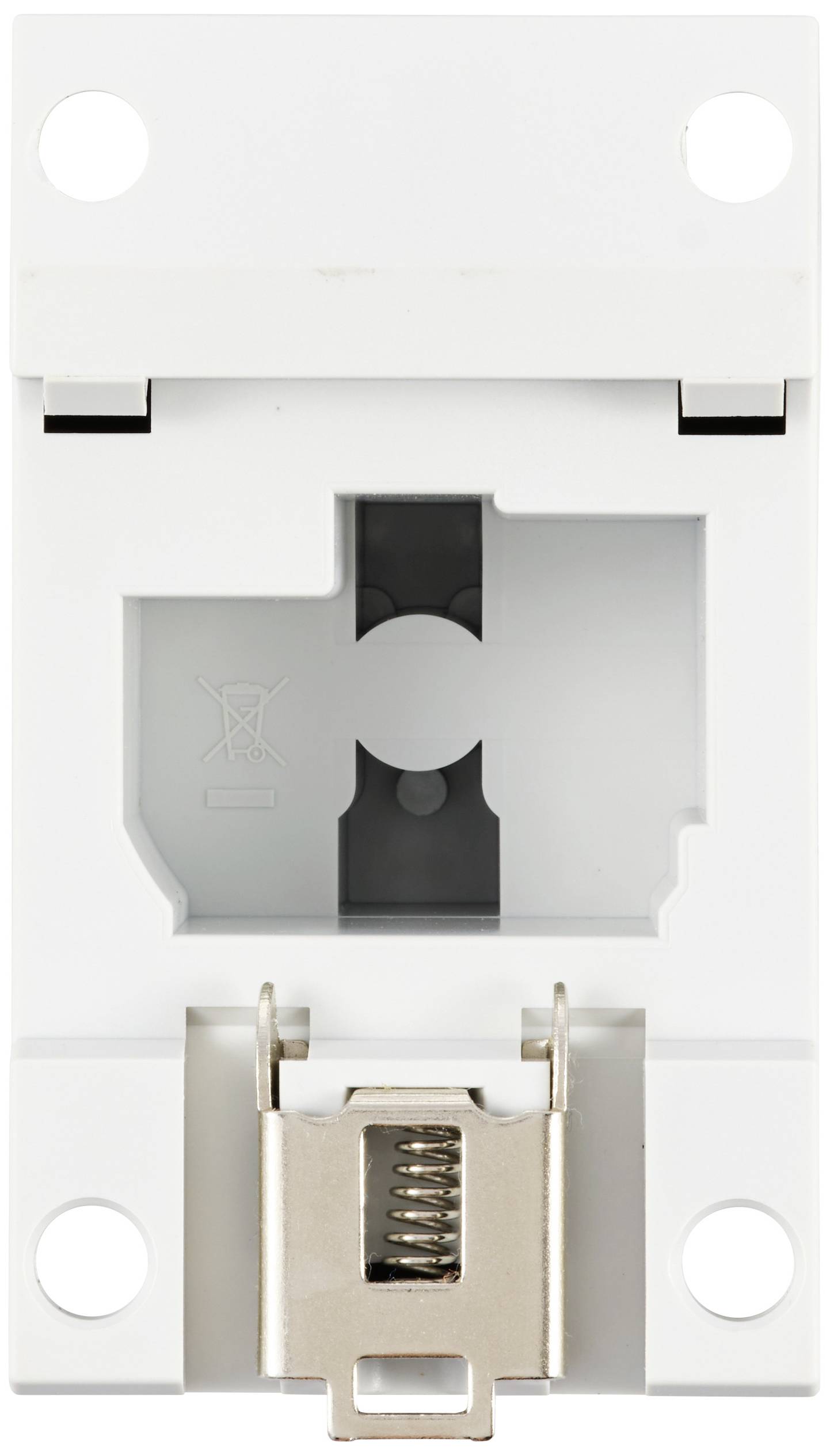 Weiße Halterung mit rechteckiger Öffnung und Metallclip unten, geeignet für die Montage eines elektrischen Bauteils.
