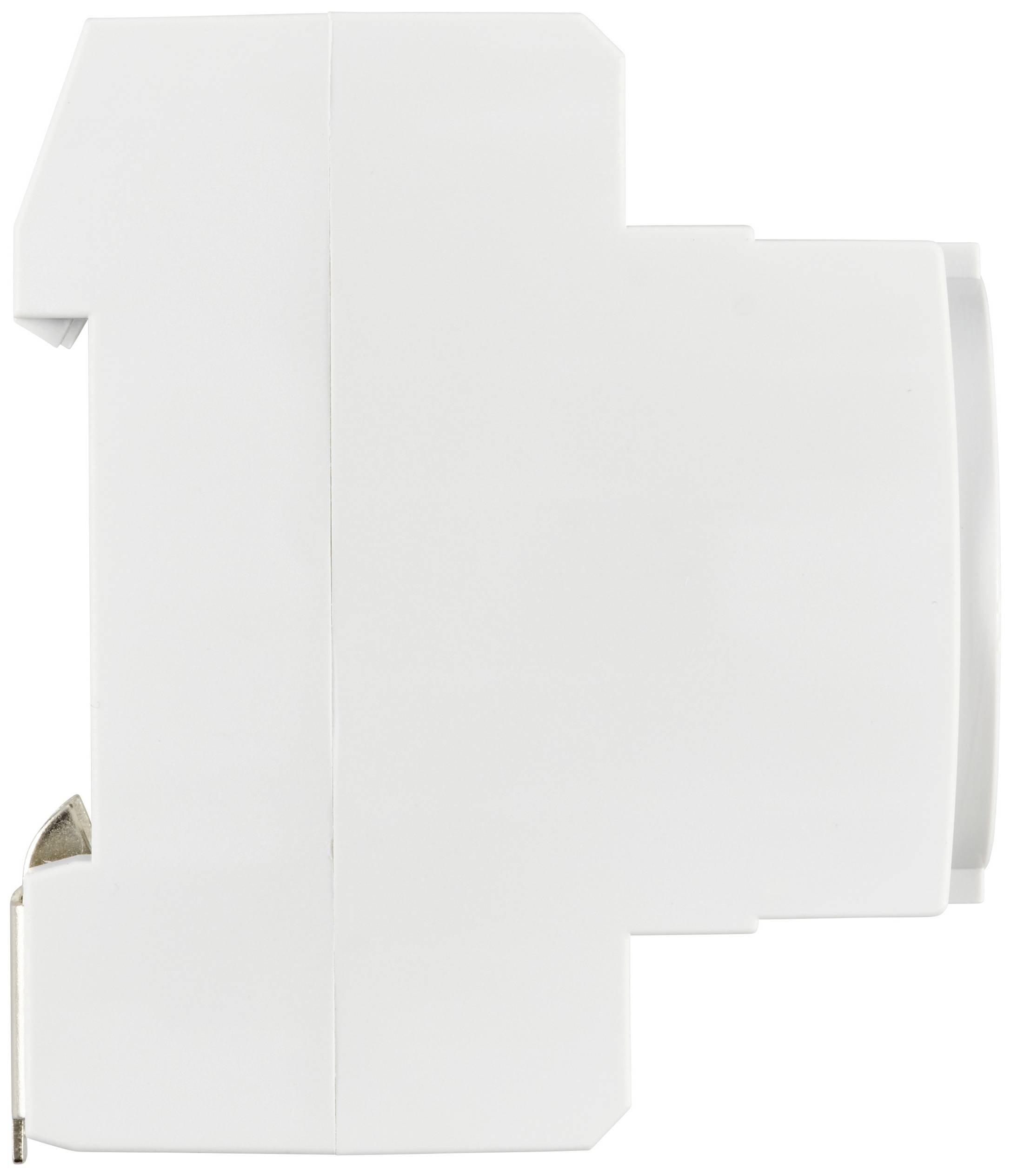 Weiße Kunststoffbox mit seitlicher Draufsicht. Quadratische Form mit einem Haken an der Unterseite. Verwendungszweck unbekannt.