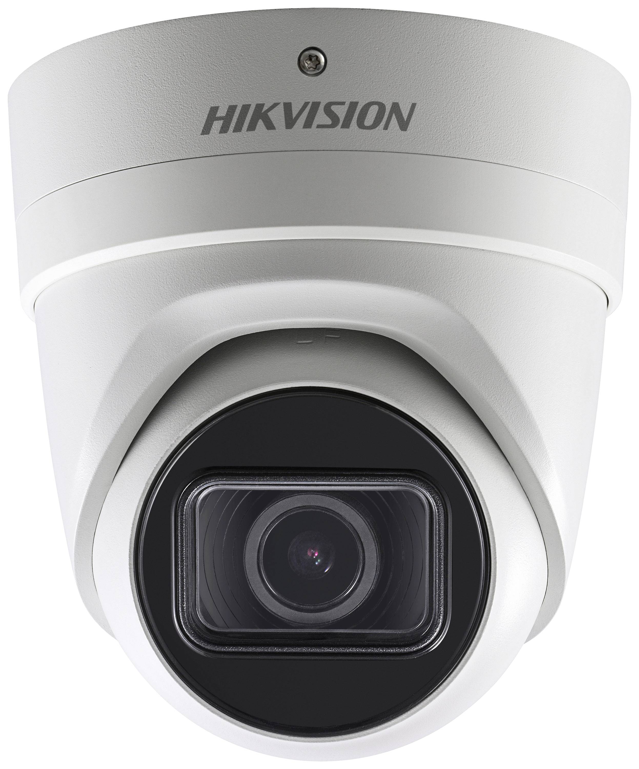Weiße Überwachungskamera mit schwarzem Objektiv, von der Marke Hikvision, für Sicherheit und Überwachung in Innen- und Außenräumen.