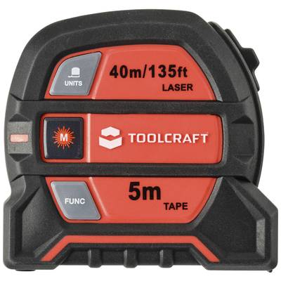 Laser-Entfernungsmesser und Maßband kombiniert, zeigt Maßeinheiten in Metern und Fuß, Markenname 'TOOLCRAFT' sichtbar.