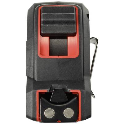 Schwarzes und rotes Laser-Entfernungsmessgerät von oben, mit zwei Magneten unten und Clip an der Seite.