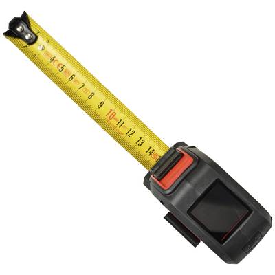 Ein gelbes Maßband mit schwarzem Gehäuse, ausgerollt bis 10 cm.