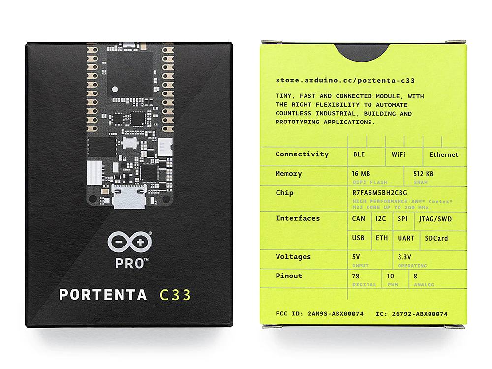 'Portenta C33'-Verpackung von Arduino: Zeigt Platine und Technische Details. Merkmale: WiFi, Ethernet, 16 MB Speicher, 512 KB RAM. Verwenden für Automatisierung und Prototyping.