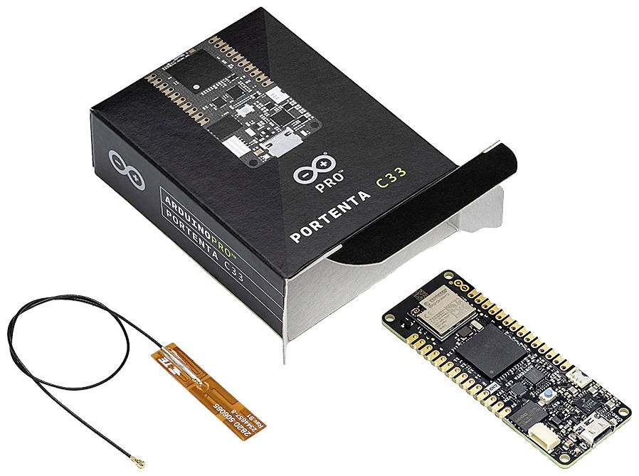 Arduino Pro Portenta C33 Mikrocontroller-Platine neben geöffneter Verpackung. Antenne und Kabel liegen daneben.