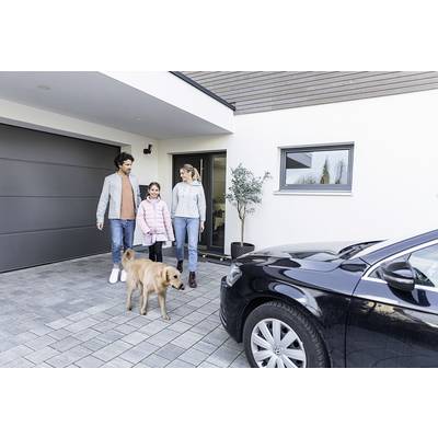 Eine Familie mit einem Hund geht lächelnd auf einem gepflasterten Weg vor einem modernen Haus. Ein schwarzes Auto ist im Vordergrund geparkt.
