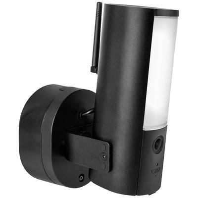 Schwarze Überwachungskamera mit LED-Licht und Antenne. Wandmontage mit rundem Gehäuse. Ideal für Außenüberwachung und Sicherheit.