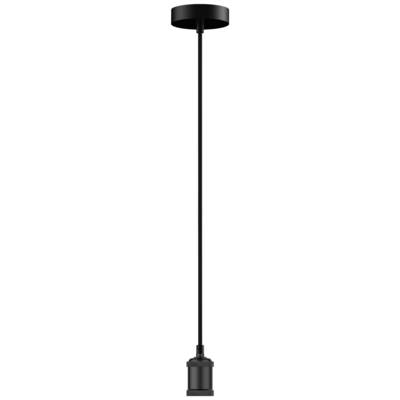Schwarze Pendelleuchte mit langer, dünner Aufhängung und zylindrischer Fassung. Minimalistisches Design für moderne Innenräume.