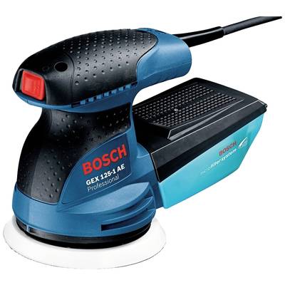 Elektrischer Exzenterschleifer in Blau und Schwarz mit rotem Bosch-Logo und Staubbehälter. Gebraucht für Holz- und Oberflächenbearbeitung.