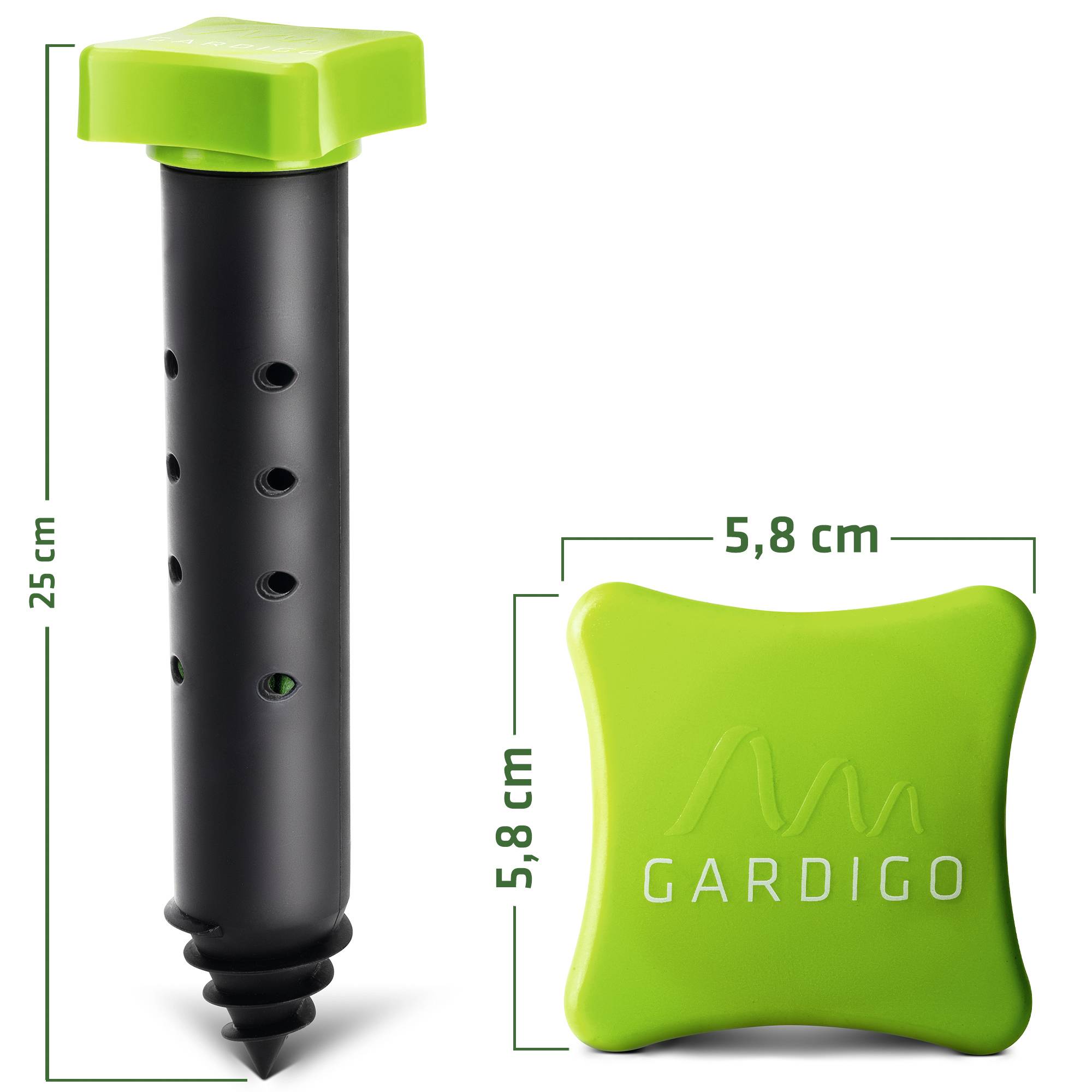 'Gardigo' Solar Maulwurfschreck. Schwarzes Gehäuse mit grüner Oberseite, 25 cm hoch. Quadratförmige Oberseite, 5,8 cm Seitenlänge.