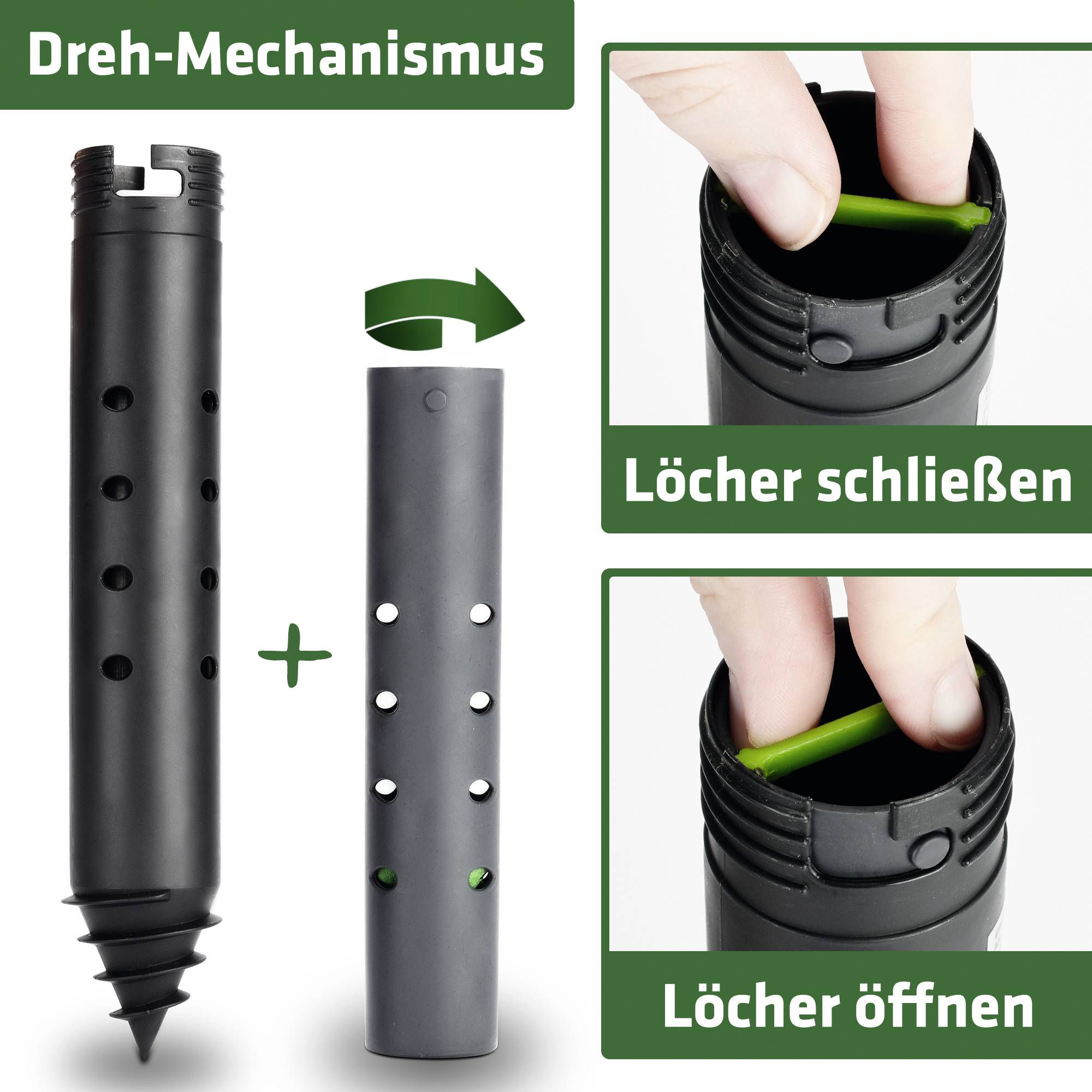 'Ein drehbarer Mechanismus zeigt, wie Löcher geöffnet und geschlossen werden können. Links: geschlossener Zustand. Rechts: Hand öffnet Löcher.'