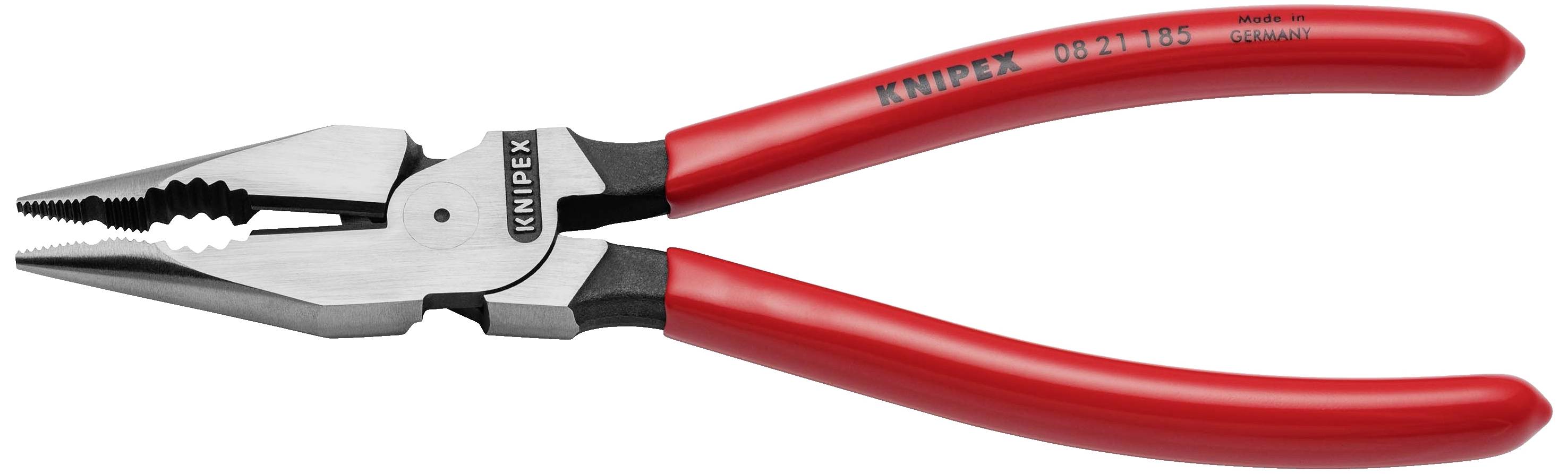 Rote Kombizange geöffnet, mit schwarzen Griffflächen, Marke Knipex. Geeignet zum Greifen und Schneiden von Materialien.