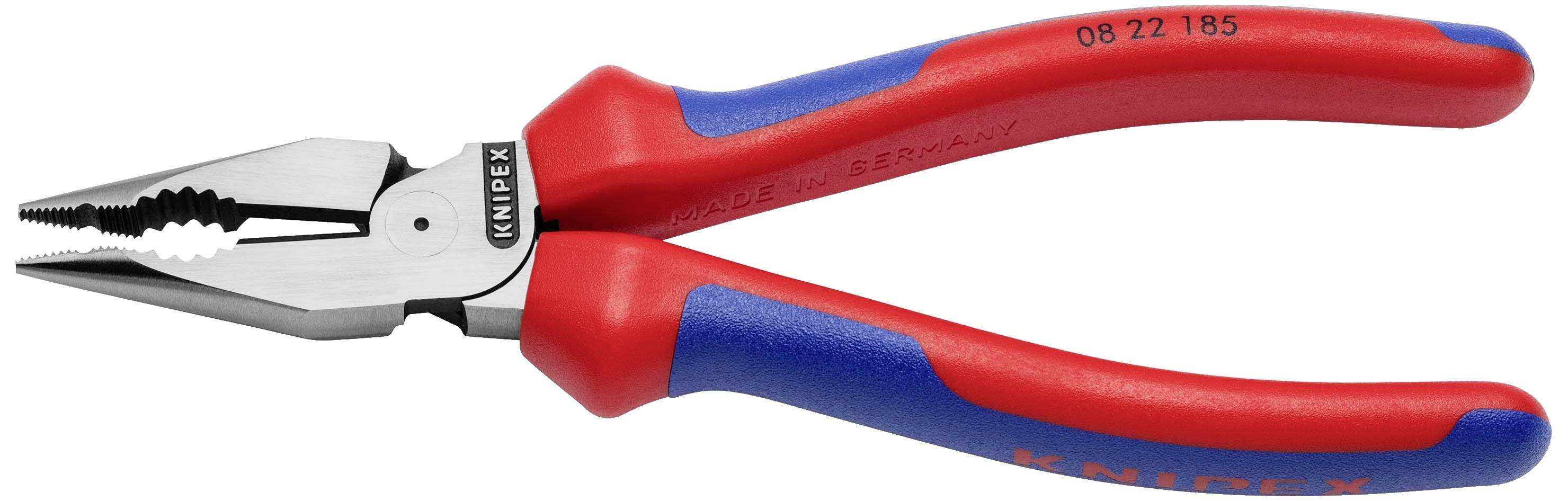 Eine rote und blaue Kombizange mit Aufschrift 'Knipex', geeignet zum Greifen und Schneiden von Draht und Kabeln.