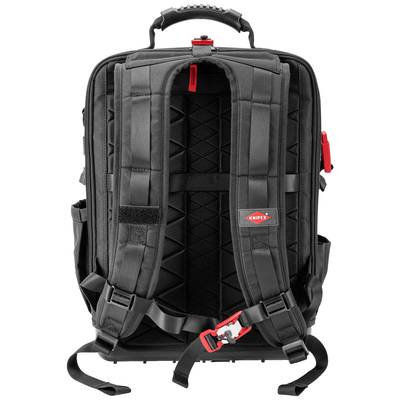 Schwarzer Rucksack mit gepolsterten Trägern und rotem Verschluss, robustes Design, geeignet für Outdoor-Aktivitäten und Reisen.
