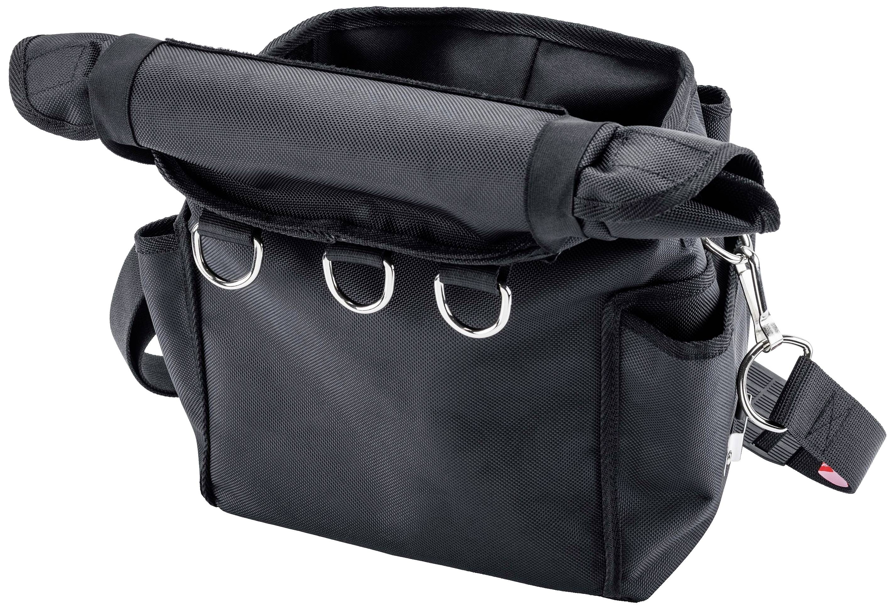 Schwarze Werkzeugtasche mit mehreren Außentaschen und D-Ringen, leer, mit einem verstellbaren Schultergurt. Ideal für Handwerker.