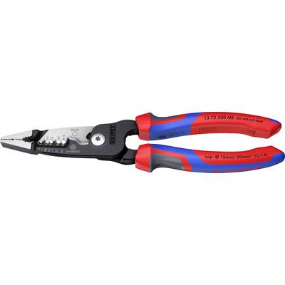 Ein Paar Knipex-Zangen mit roten und blauen Griffen, mit Abschnitten zum Schneiden und Abisolieren von Elektrodrahten, gekennzeichnet mit Größen- und Materialangaben.
