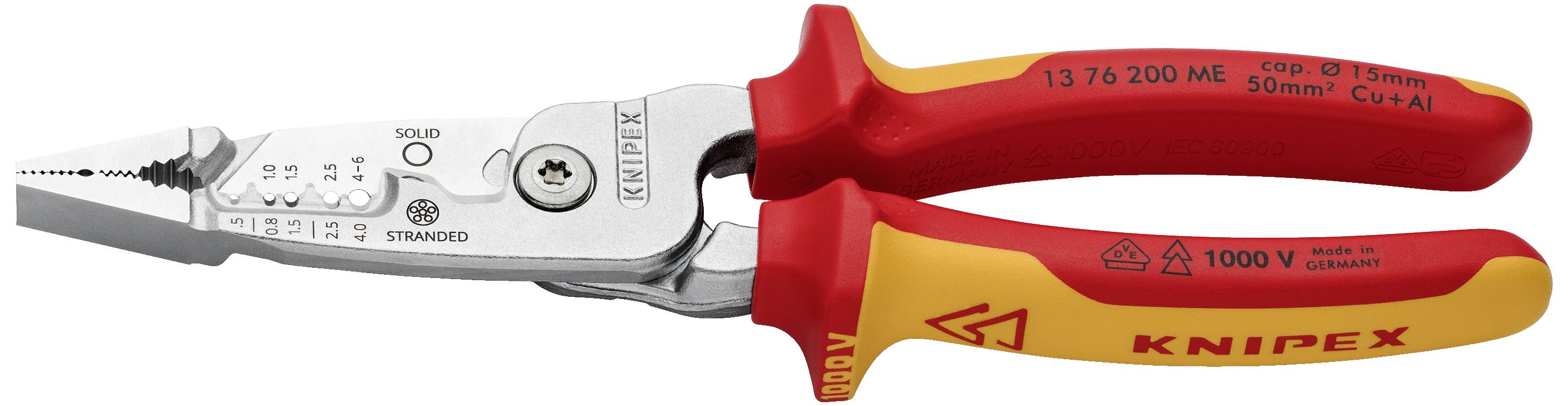 Isolierte Zange 'KNIPEX', kombiniert Kabelschneider und Abisolierer, rote und gelbe Griffe, geeignet für Arbeiten bis 1000V.