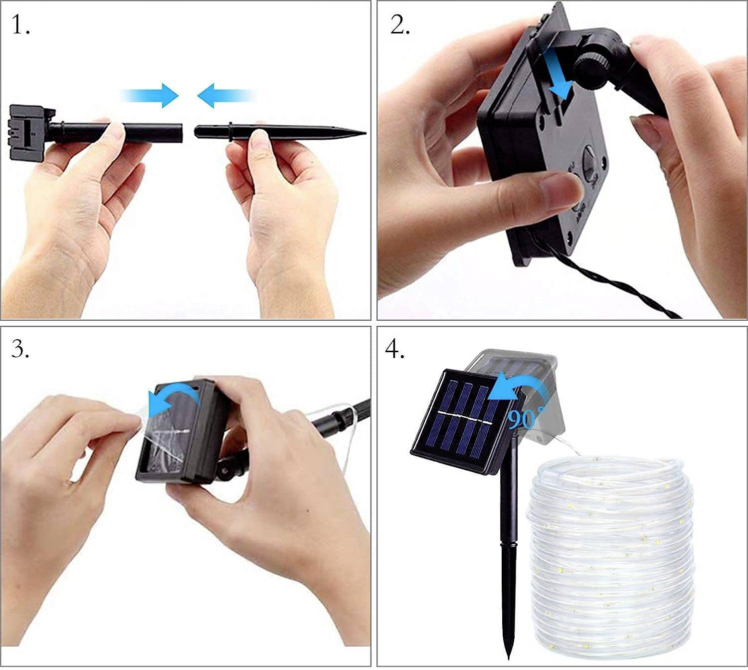 'Anleitung zur Montage einer Solar-Lichterkette: 1. Stab zusammenfügen, 2. Kugel montieren, 3. Schutzfolie abziehen, 4. Lichterkette im Freien positionieren.'