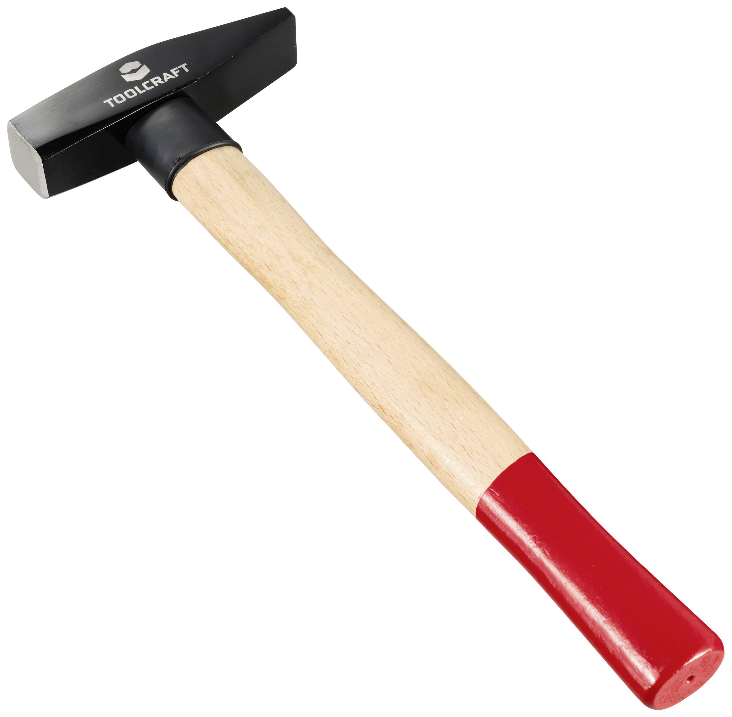 Ein Hammer mit Holzgriff und rotem Ende, geeignet für Handwerksarbeiten. Die Marke 'Toolcraft' ist auf dem schwarzen Kopf zu sehen.
