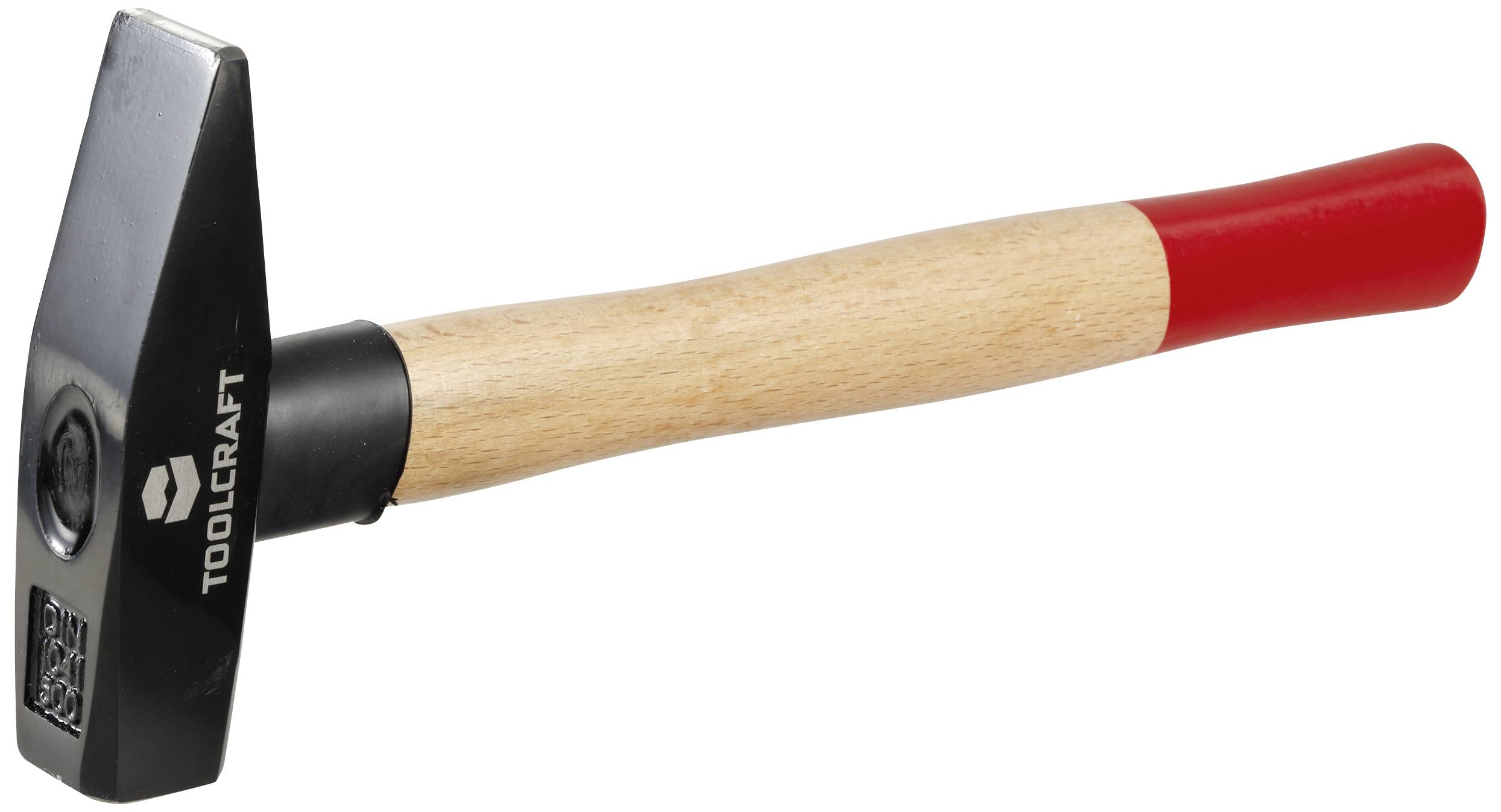 Ein Hammer mit Holzstiel und rotem Griff, hergestellt von Toolcraft.