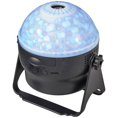 Schwarzer LED-Projektor mit blau leuchtender Kuppel auf einem Standfuß. Verfügt über Bedientasten und USB-Anschluss.