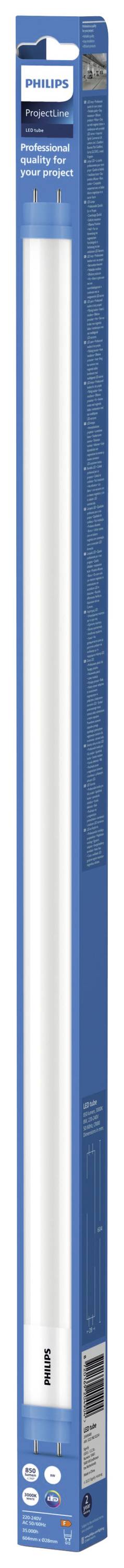 'Philips LED Tube', energiesparende Leuchtstoffröhre in einer blauen Verpackung. Geeignet für Büroumgebung, spart Strom und ist langlebig.