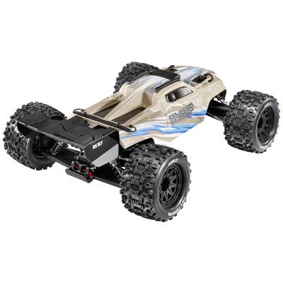 Ferngesteuertes Auto mit robusten Offroad-Reifen und blau-beigem Design. Geeignet für Geländefahrten.
