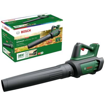 Bosch Akku-Laubbläser, Modell 36V/750. Schwarze und grüne Farbtöne mit rotem Bosch-Logo. Verpackt in bunter Kartonverpackung.