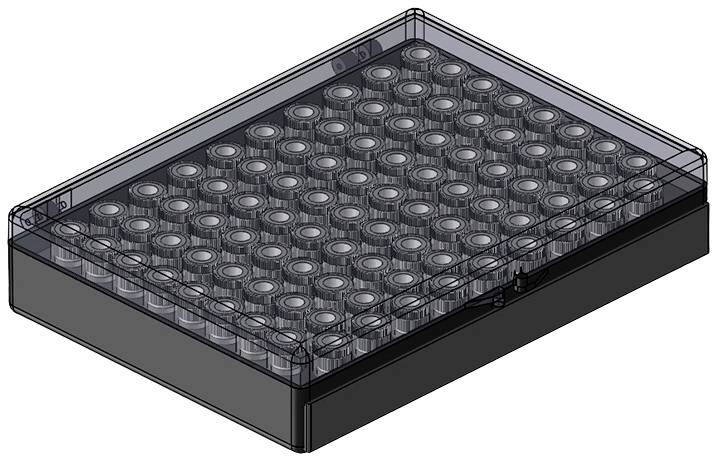 96-Well-Platte für Labortests, transparent abgebildet. Hauptsächlich für das Sammeln und Testen von Proben verwendet.