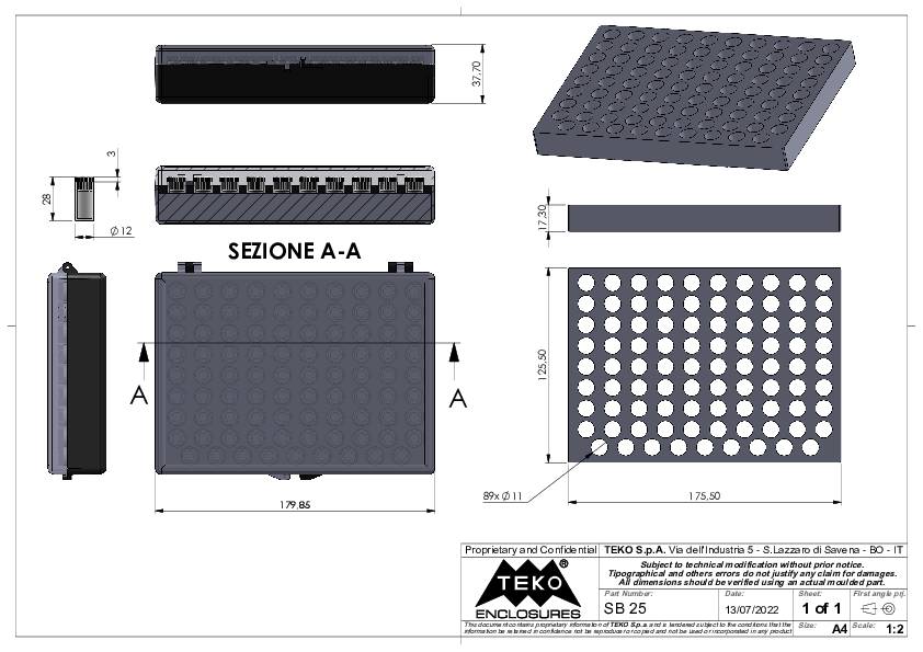 Technische Zeichnung eines rechteckigen Gehäuses mit Löchern. Zeigt Ansichten und Maße des Objekts in Millimetern.