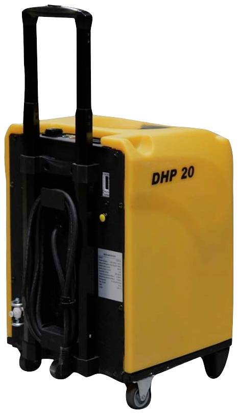 Ein gelber DHP 20 Luftentfeuchter auf Rollen mit schwarzem Griff und Netzkabel, bereit zur Bewegung in industrielle Umgebungen.
