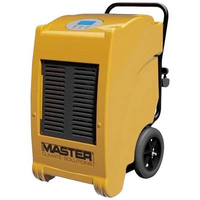 Ein gelber Luftentfeuchter mit schwarzen Lüftungsschlitzen, Display und Griff. Text auf dem Gerät: 'Master Climate Solutions'.