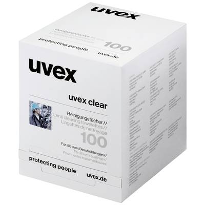 Verpackung von 'uvex clear' Reinigungstüchern, 100 Stück für Brillengläser. Enthält Markennamen und Website 'uvex.de'.