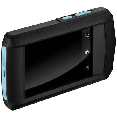 Schwarzes, rechteckiges Gerät mit Display und blauen Tasten; zeigt Symbole für Kamera und Einstellungen; vermutlich eine Kamera oder ein Messgerät.