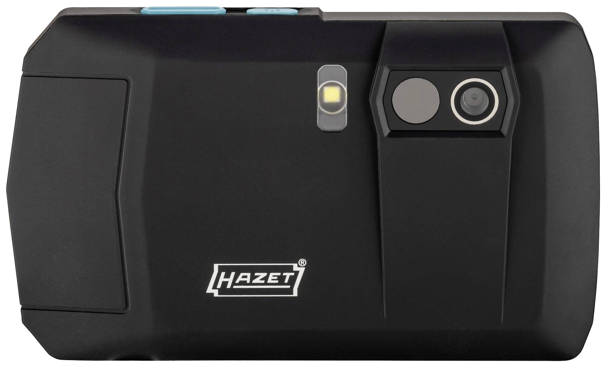 Tragbare Inspektionskamera mit zwei Objektiven und integriertem Licht, schwarzes Gehäuse, Markenname 'Hazet'.