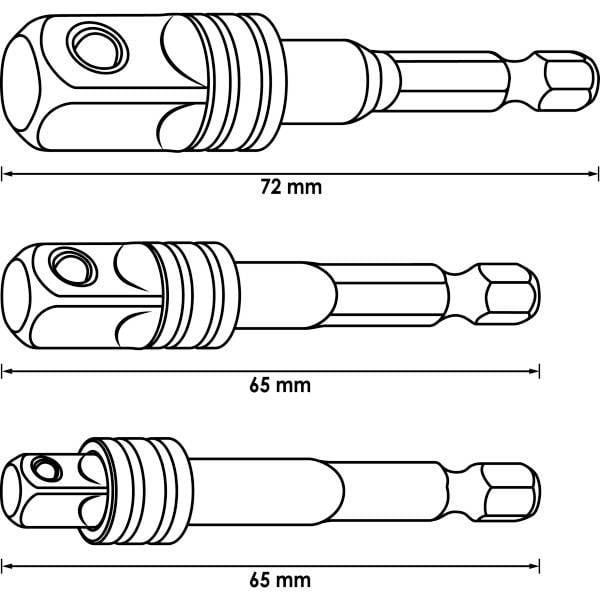 Drei Sechskant-Steckschlüsselverlängerungen in zwei Größen: eine mit 72 mm und zwei mit 65 mm. Jede Verlängerung hat ein sechseckiges Ende und einen runden Schaft.