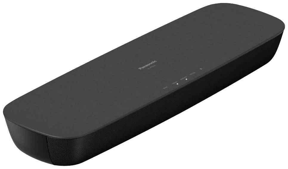 Schwarze Soundbar mit flachem Design, abgerundeten Ecken und Touch-Bedienelementen auf der Oberseite.