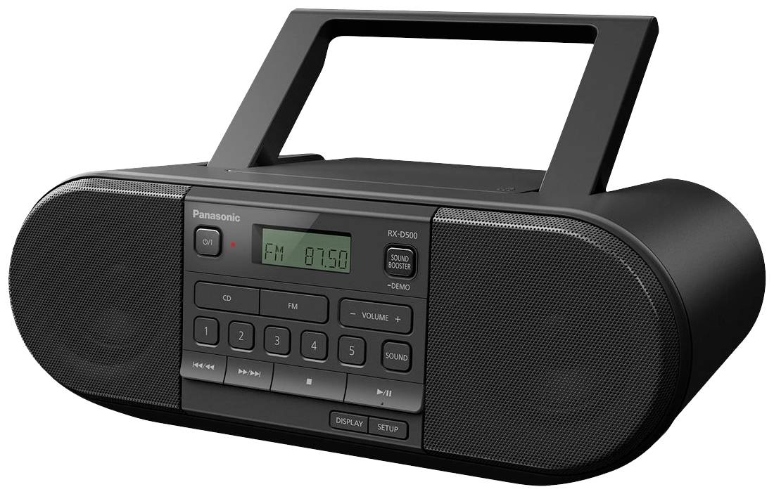 Tragbarer Radio-Kassettenrekorder mit digitalem Display und Tragegriff, zeigt eine UKW-Frequenz von 87,5 MHz.