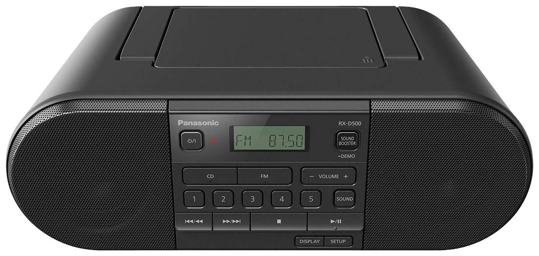 Ein schwarzes Radio mit CD-Player, FM-Anzeige auf 87,50. Tasten für Wiedergabe, Lautstärke und CD-Funktionen sichtbar. Modell Panasonic RX-D550.