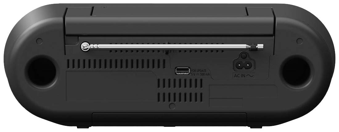 Rückseite eines elektronischen Geräts mit Antenne, USB-Anschluss und Stromkabelanschluss.