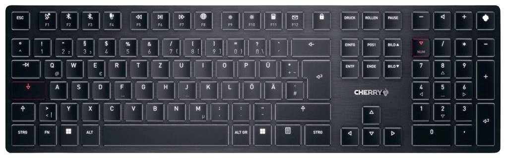 Schwarze PC-Tastatur mit vollständigem Tastenlayout inklusive Ziffernblock.