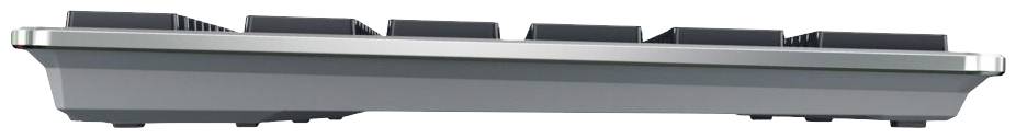 Seitliche Ansicht einer mechanischen Tastatur, flaches Design mit schwarzen Tasten und silbernem Rahmen.