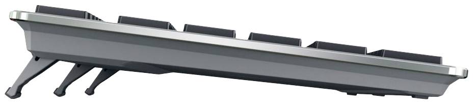 Eine seitliche Ansicht einer Computer-Tastatur mit schrägem Profil, bei der die erhöhten Tasten und Stütze sichtbar sind.