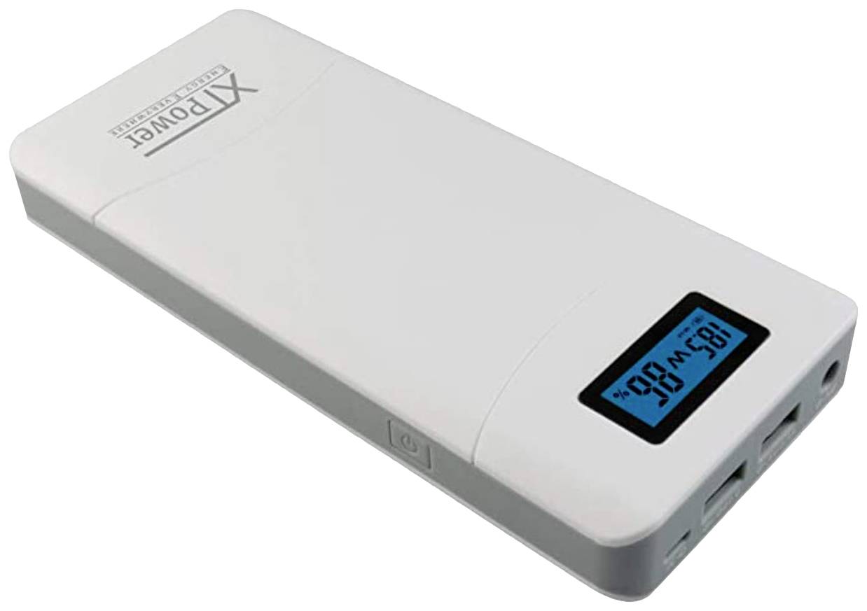 Weiße Powerbank mit LCD-Anzeige und zwei USB-Anschlüssen. Anzeige zeigt '185W 88%'.