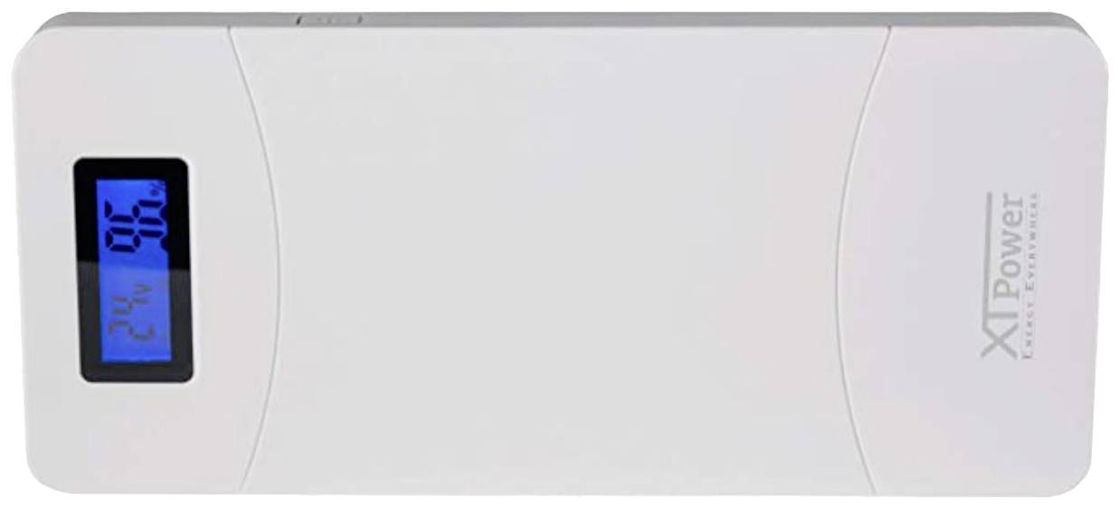 Ein weißes Gerät mit einem kleinen blauen Bildschirm auf der linken Seite, der Zahlen anzeigt, und dem Logo 'XPower' auf der rechten Seite.
