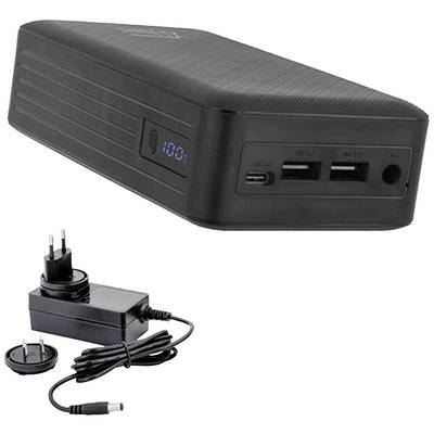 Großer, schwarzer externer Akku mit Digitalanzeige zeigt '100'. Zwei USB-Anschlüsse, ein USB-C-Anschluss. Mit passendem Ladegerät.