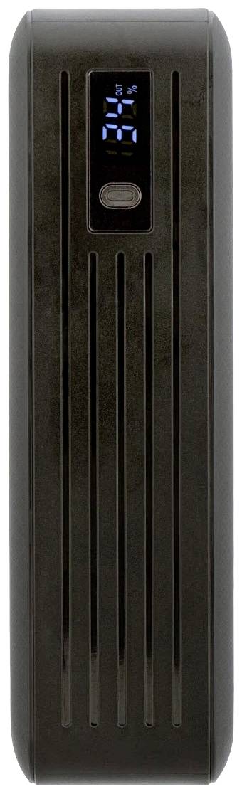Schwarze Powerbank mit digitaler Anzeige, die die Zahl '96' zeigt. Vertikale Linien als Designmerkmal auf der Vorderseite.
