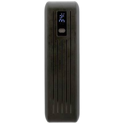 Schwarze Powerbank mit digitaler Anzeige, die die Zahl '96' zeigt. Vertikale Linien als Designmerkmal auf der Vorderseite.