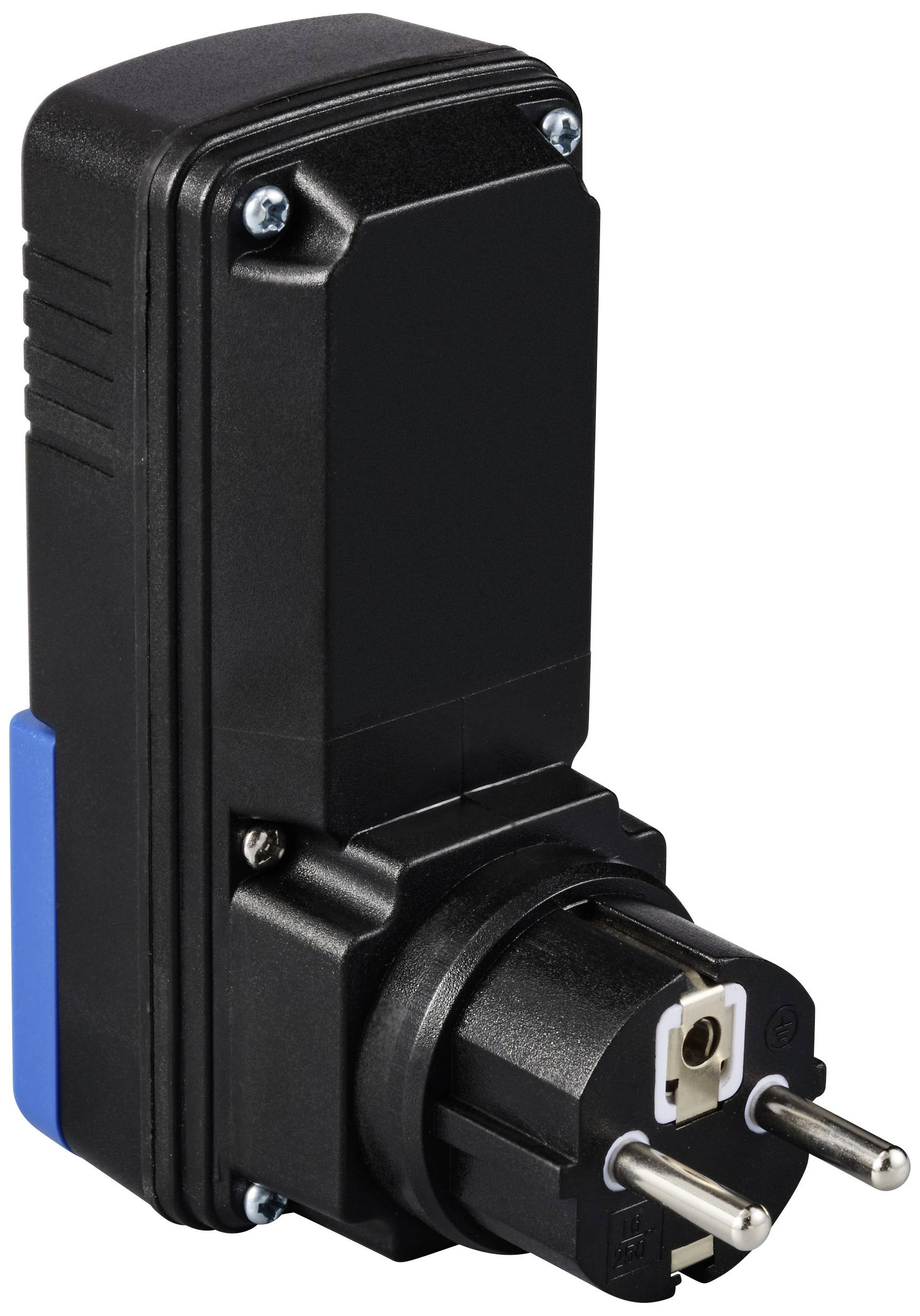 Ein schwarzer, rechteckiger Steckeradapter mit zwei silbernen Steckstiften und blauer Taste an der Seite.