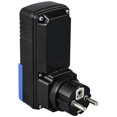 Ein schwarzer, rechteckiger Steckeradapter mit zwei silbernen Steckstiften und blauer Taste an der Seite.