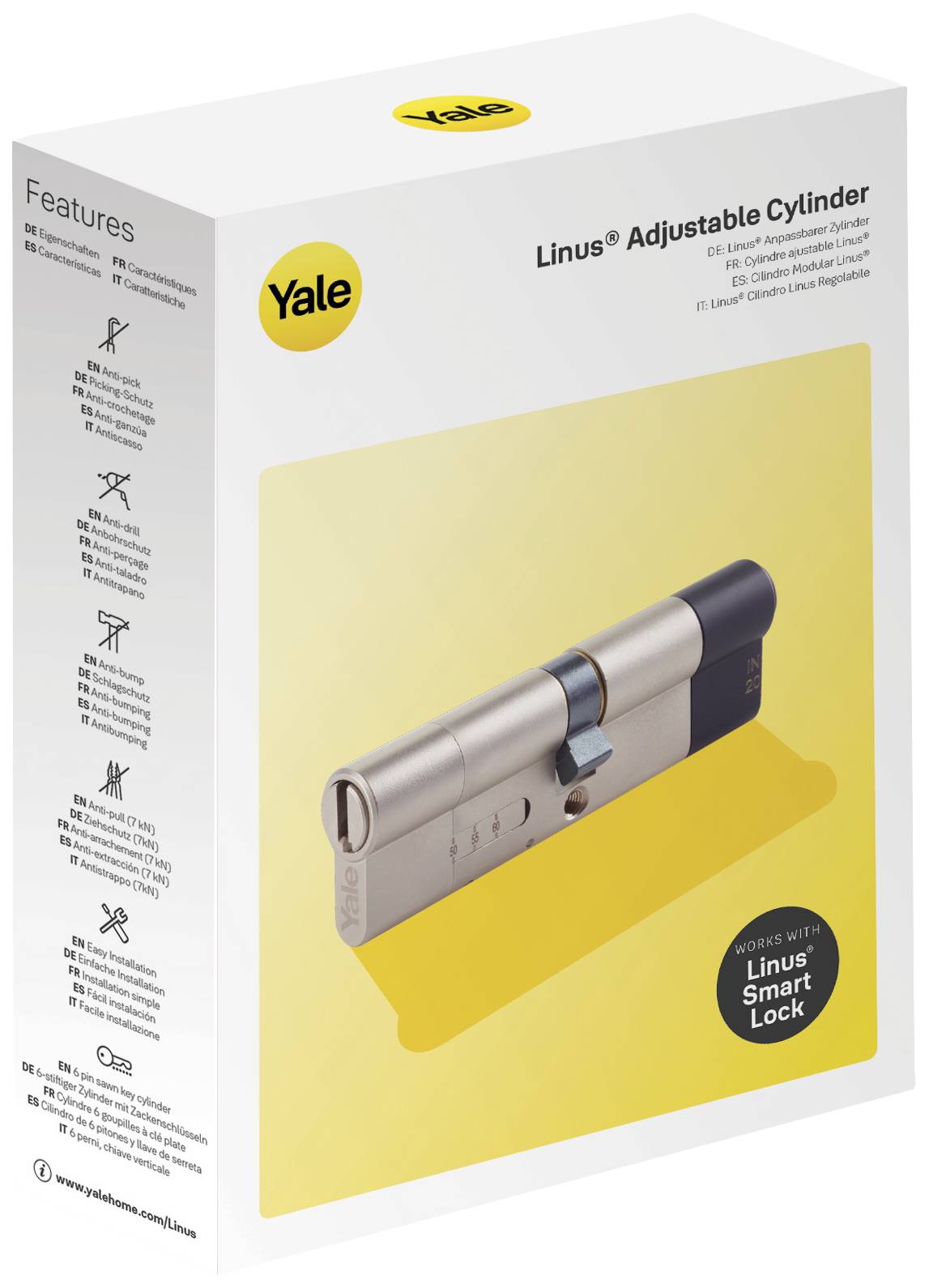 Verpackung eines "Yale Linus Adjustable Cylinder". Zylinderabbildung in Silber auf gelbem Hintergrund. Text: "Works with Linus Smart Lock".